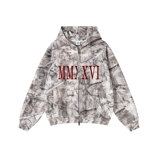 340GSM Unisex Heat Transfer Desert Camouflage Zip-Up Hoodie 	Branch Camouflage