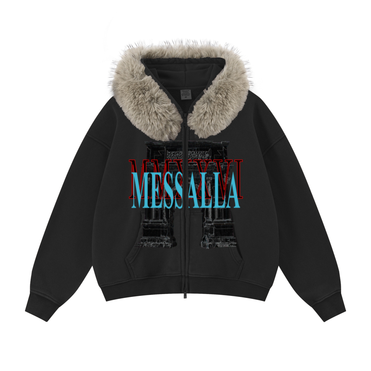 400GSM Unisex Vintage Boxyfit Faux Fur Collar Zipper Hoodie Vintage Black