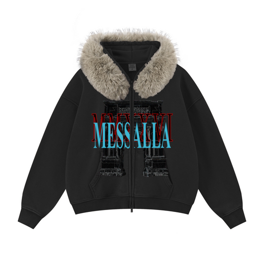 400GSM Unisex Vintage Boxyfit Faux Fur Collar Zipper Hoodie Vintage Black