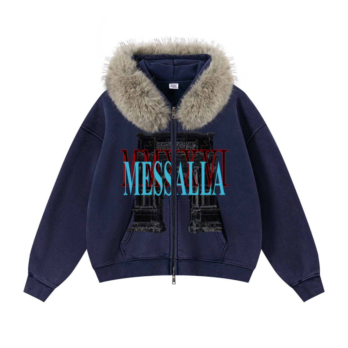 400GSM Unisex Vintage Boxyfit Faux Fur Collar Zipper Hoodie Vintage Sapphire Blue