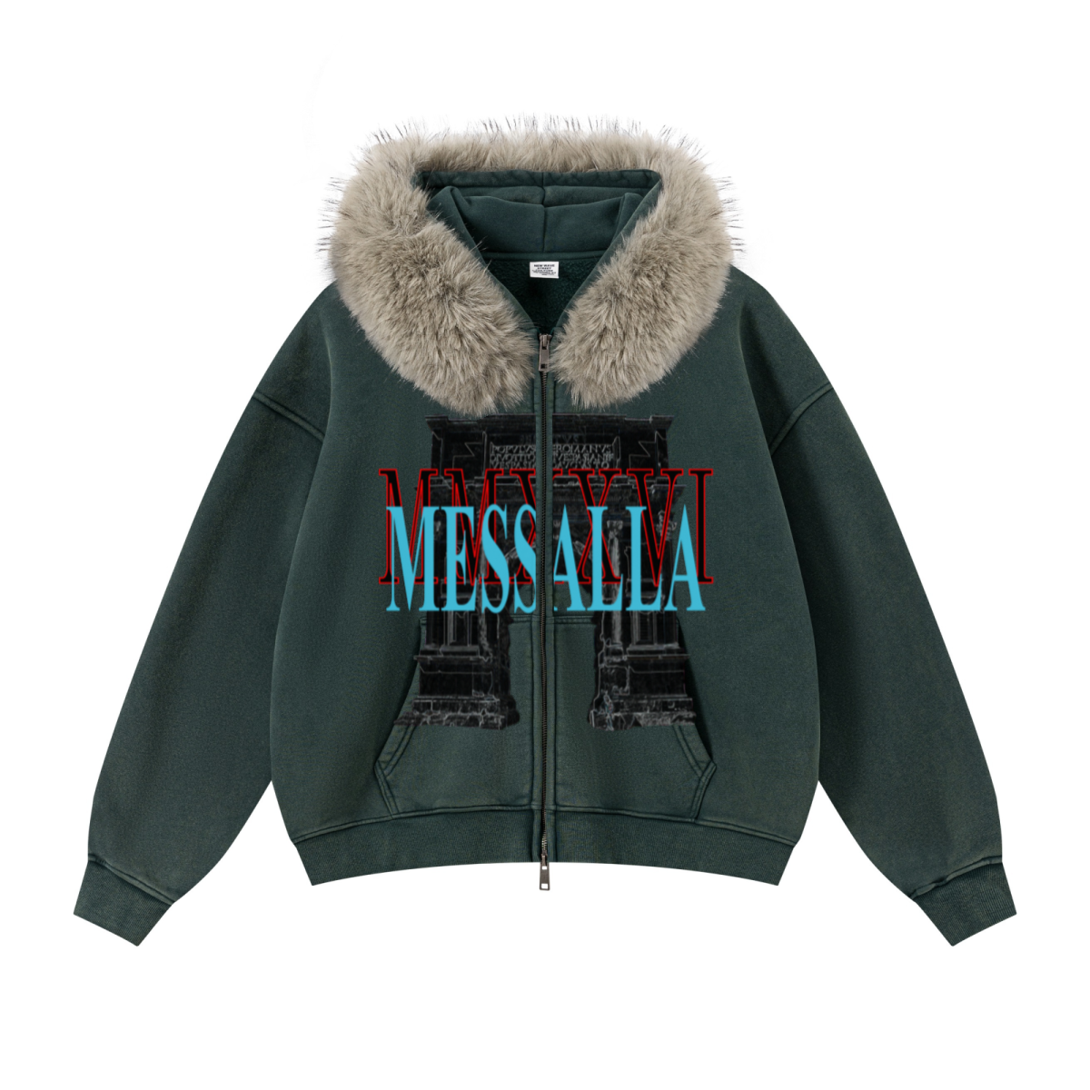 400GSM Unisex Vintage Boxyfit Faux Fur Collar Zipper Hoodie Vintage Olive Green