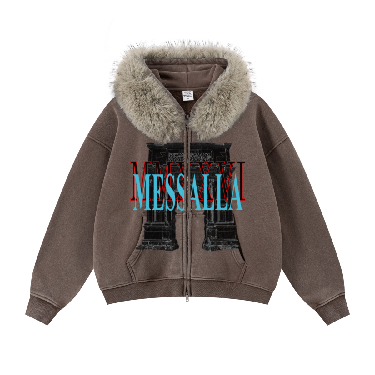 400GSM Unisex Vintage Boxyfit Faux Fur Collar Zipper Hoodie Vintage Deep Brown