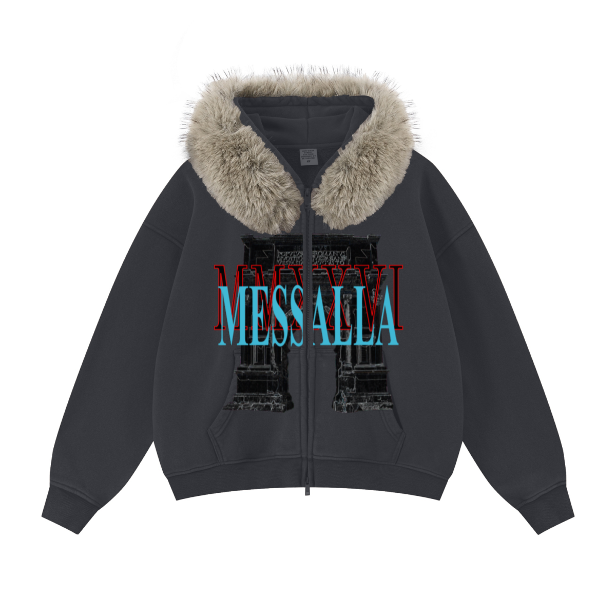 400GSM Unisex Vintage Boxyfit Faux Fur Collar Zipper Hoodie Vintage Dark Grey