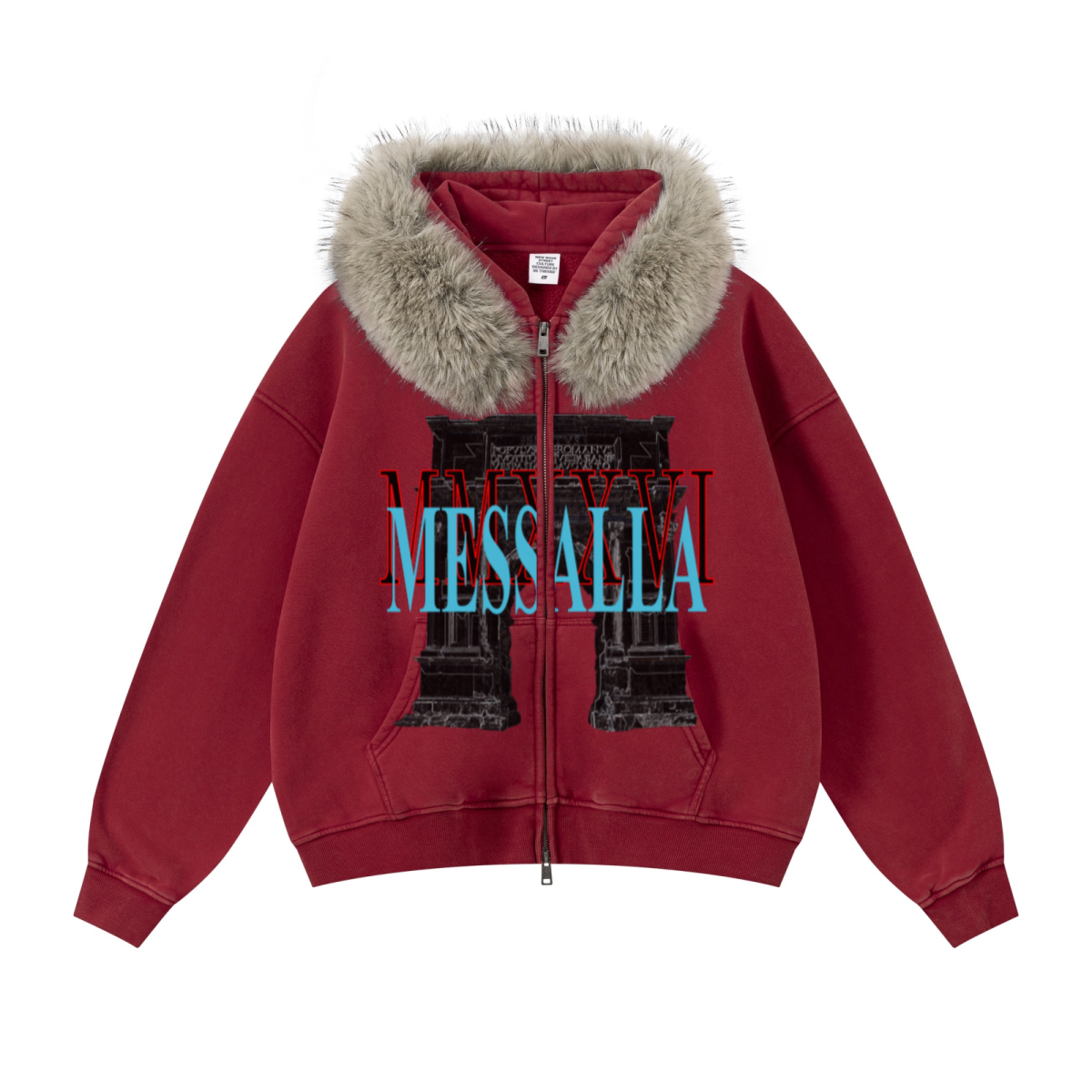 400GSM Unisex Vintage Boxyfit Faux Fur Collar Zipper Hoodie Vintage Rust Red