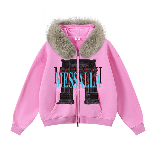 400GSM Unisex Vintage Boxyfit Faux Fur Collar Zipper Hoodie Vintage Peach Pink